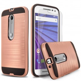 Motorola Moto G 3rd Gen (2015) Case, 2-Piece Style Hybrid Shockproof Hard Case Cover with [Premium Screen Protector] Hybird Shockproof And Circlemalls Stylus Pen (Rose Gold)